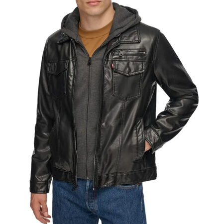 Black Hooded Leather Jacket front