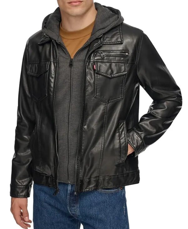 Black Hooded Leather Jacket front