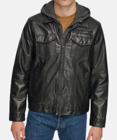 Black Hooded Leather Jacket front1