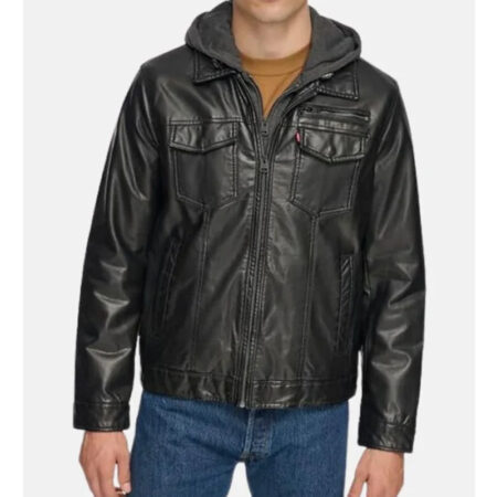 Black Hooded Leather Jacket front1