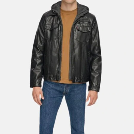 Black Hooded Leather Jacket front3