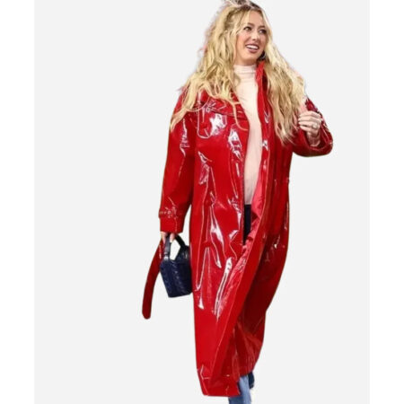 Brittany Mahomes Red Patent Leather Coat front
