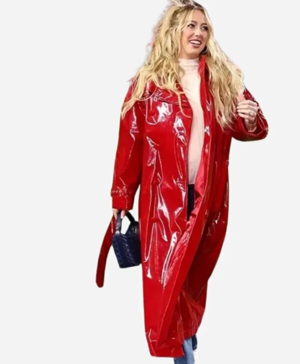 Brittany Mahomes Red Patent Leather Coat front