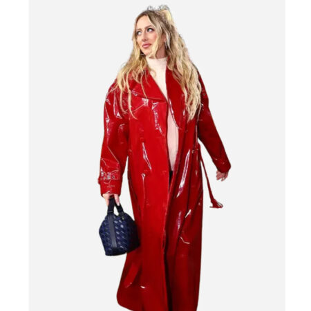 Brittany Mahomes Red Patent Leather Coat front1