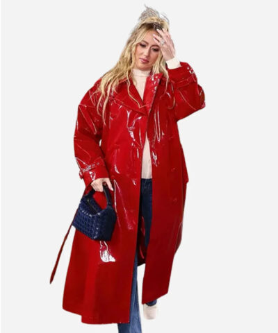 Brittany Mahomes Red Patent Leather Coat side