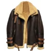 Brown Double Belted Collar Shearling Leather Jacket