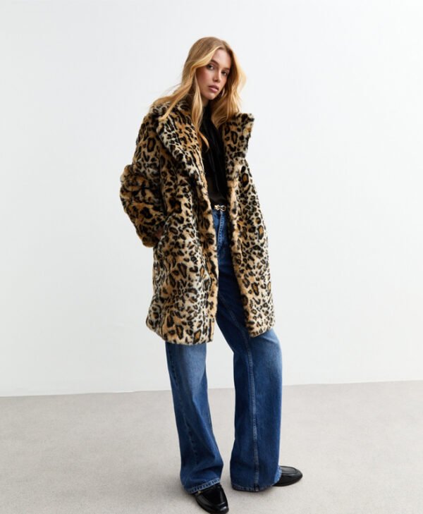 Brown Leopard Print Faux Fur Coat front