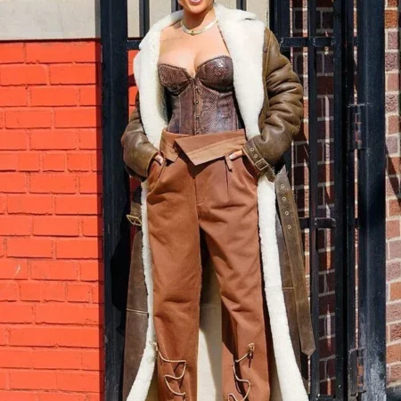 Brown Long Shearling Leather Rihanna Coat