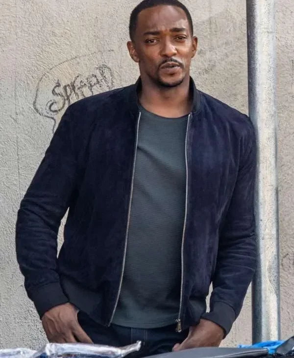 Captain America Brave New World 2025 Anthony Mackie Blue Bomber Leather Jacket