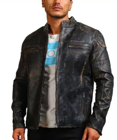 David Distressed Leather Motorcycle Jacket front
