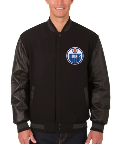 Edmonton Oilers Black Wool And Leather Varsity Jacket