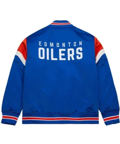 Edmonton Oilers Satin Blue Varsity Jacket Back