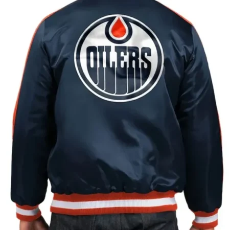Edmonton Oilers Varsity Satin Blue Jacket Back