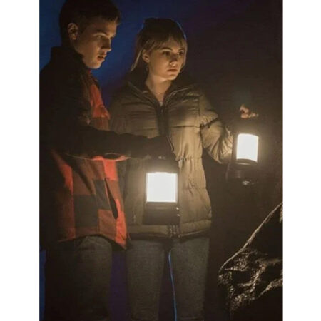 Emilia Jones Locke And Key Grey Puffer Jacket front