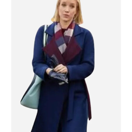Jessy Schram Mystic Christmas Blue Trench Coat front