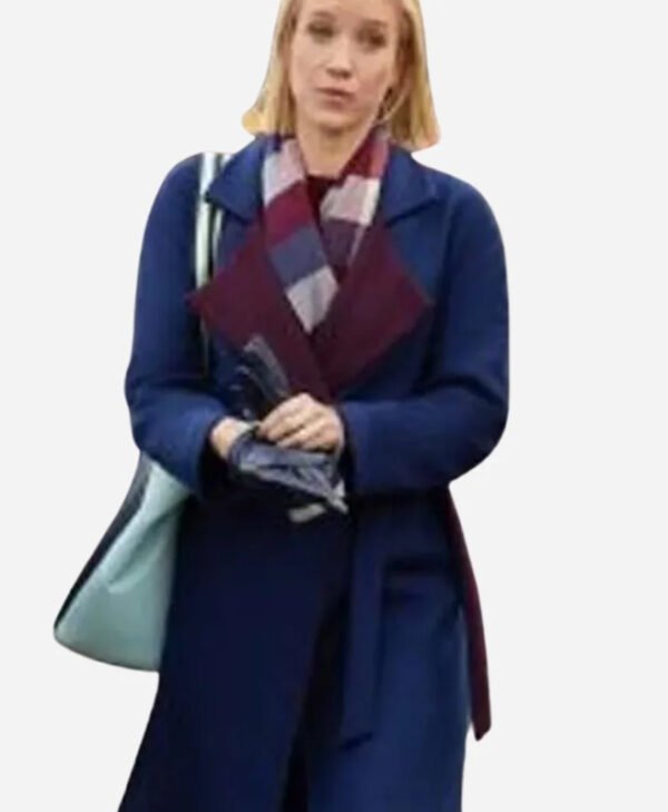 Jessy Schram Mystic Christmas Blue Trench Coat front