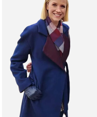 Jessy Schram Mystic Christmas Blue Trench Coat side