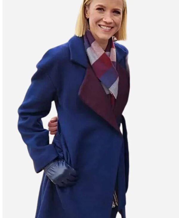 Jessy Schram Mystic Christmas Blue Trench Coat side
