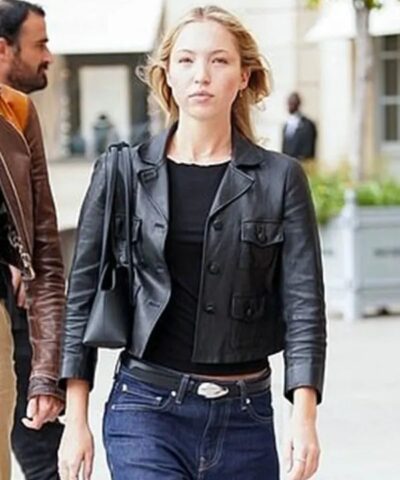 Lila Moss Paris Fashion Week Leather Jacket front