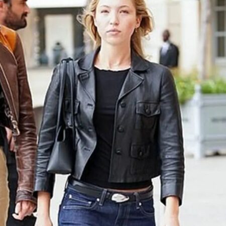 Lila Moss Paris Fashion Week Leather Jacket front