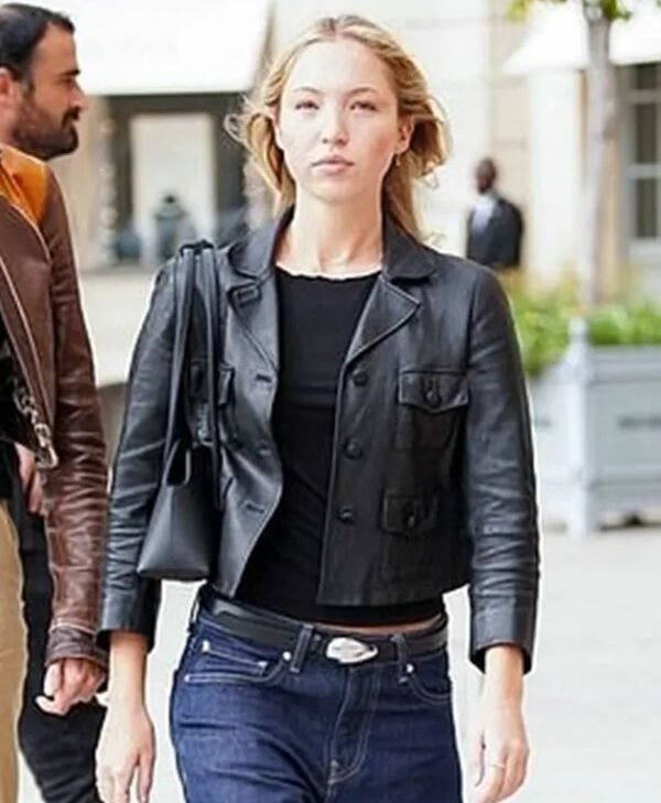 Lila Moss Paris Fashion Week Leather Jacket front