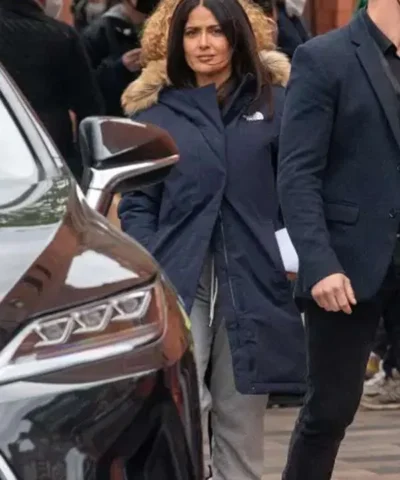 Magic Mikes Last Dance 2023 Salma Hayek Shearling Hooded Coat