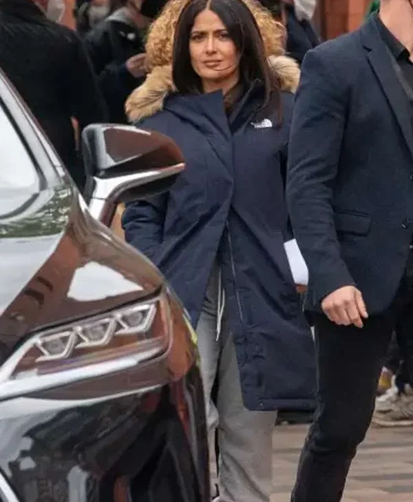 Magic Mikes Last Dance 2023 Salma Hayek Shearling Hooded Coat