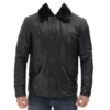 Mens Black Buttoned Closure Shearling Leather Jacket