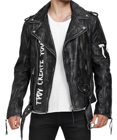 Mens Black Leather Biker Jacket front