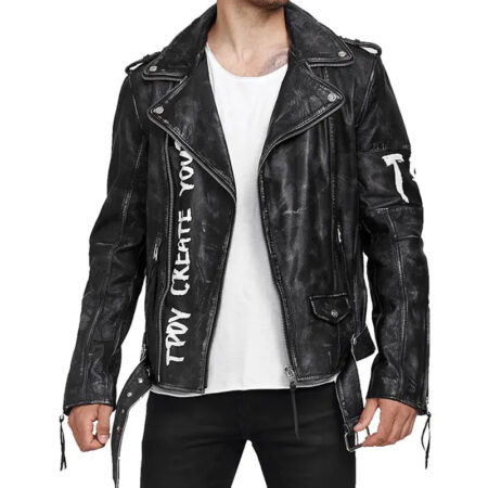Mens Black Leather Biker Jacket front