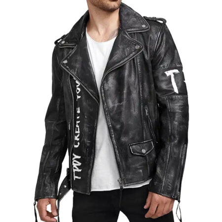 Mens Black Leather Biker Jacket front1