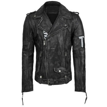 Mens Black Leather Biker Jacket front2