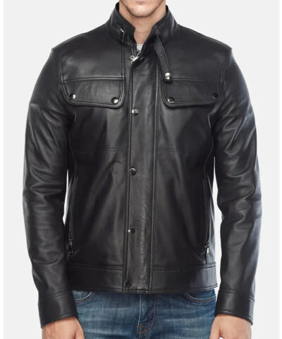 Mens Black Leather Moto Jacket front