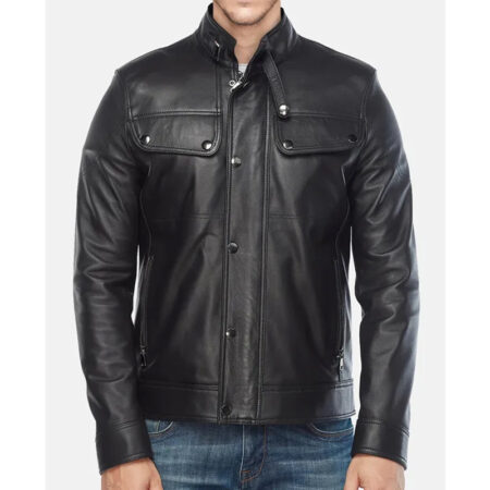 Mens Black Leather Moto Jacket front