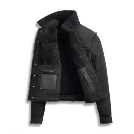 Mens Shearling Suede Leather Black Trucker Jacket