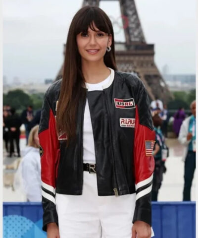 Nina Dobrev Olympics 2024 Black Leather Jacket front