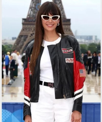 Nina Dobrev Olympics 2024 Black Leather Jacket front1