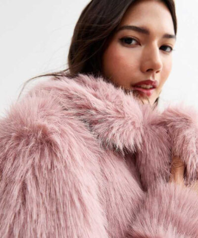 Pale Pink Shaggy Faux Fur Coat side
