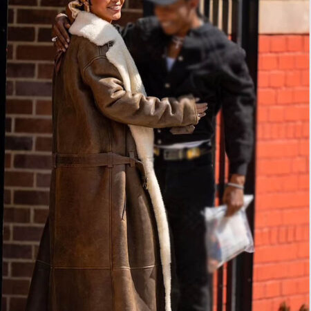 Rihanna Long Oversize Shearling Leather Coat 2