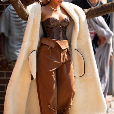 Rihanna Long Oversize Shearling Leather Coat