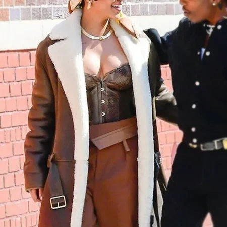 Rihanna Long Shearling Leather Coat