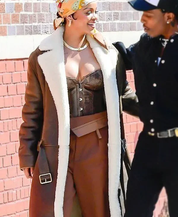 Rihanna Long Shearling Leather Coat
