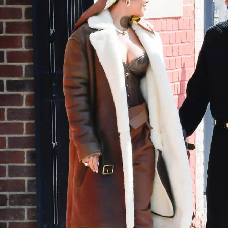 Rihanna Oversize Brown Shearling Leather Coat 2