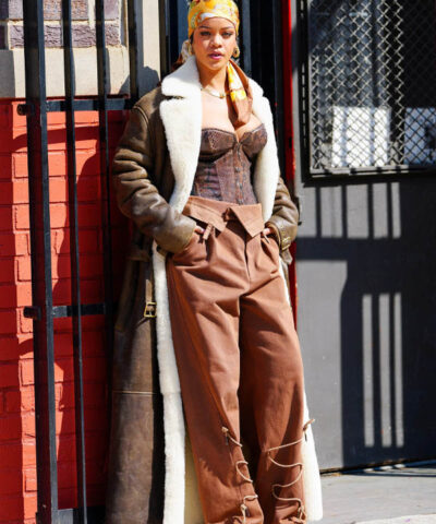 Rihanna Oversize Brown Shearling Leather Coat