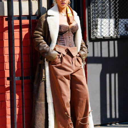 Rihanna Oversize Brown Shearling Leather Coat