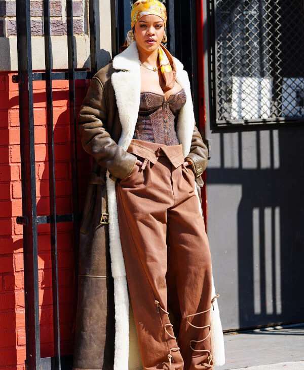 Rihanna Oversize Brown Shearling Leather Coat
