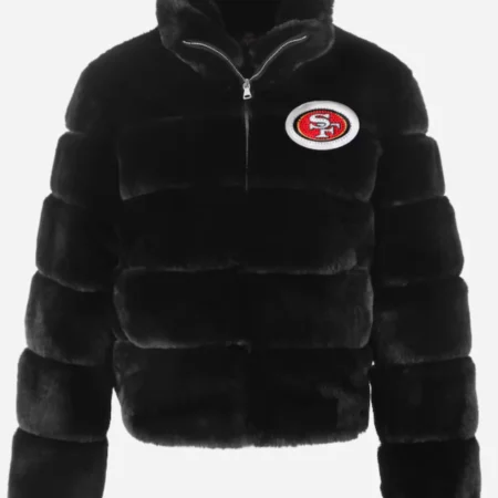 San Francisco 49ers Cuce Black Faux Fur Bomber Jacket For Sale