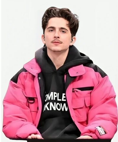 Timothee Chalamet Pink Puffer Jacket front
