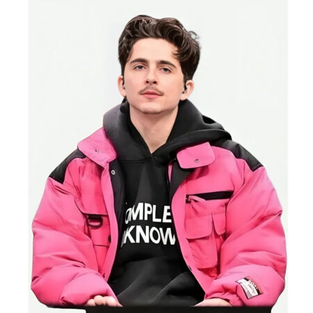 Timothee Chalamet Pink Puffer Jacket front