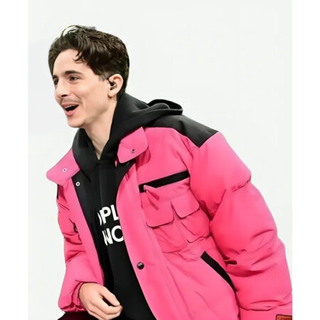 Timothee Chalamet Pink Puffer Jacket side